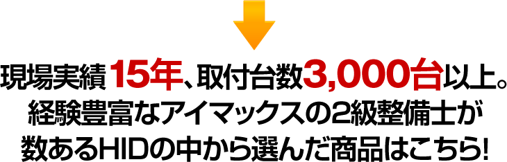 現場実績15年、取付台数3,000台以上。経験豊富なアイマックスの2級整備士が数あるHIDの中から選んだ商品はこちら！